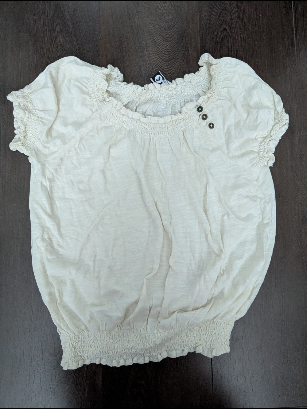Roxy Cream Short Sleeve Smocked Neck Top